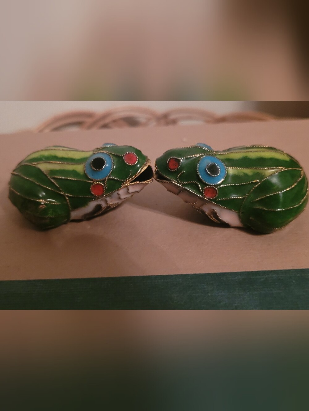 Green Cloisonné Frog Figurines Decorative Pair